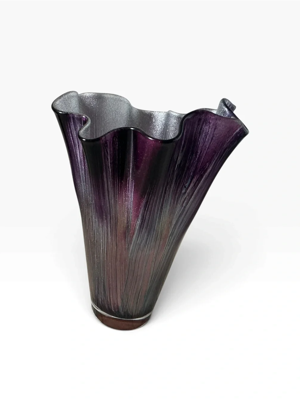 Vtg Murano handkerchief art glass vase purple with green metallic 14.5”